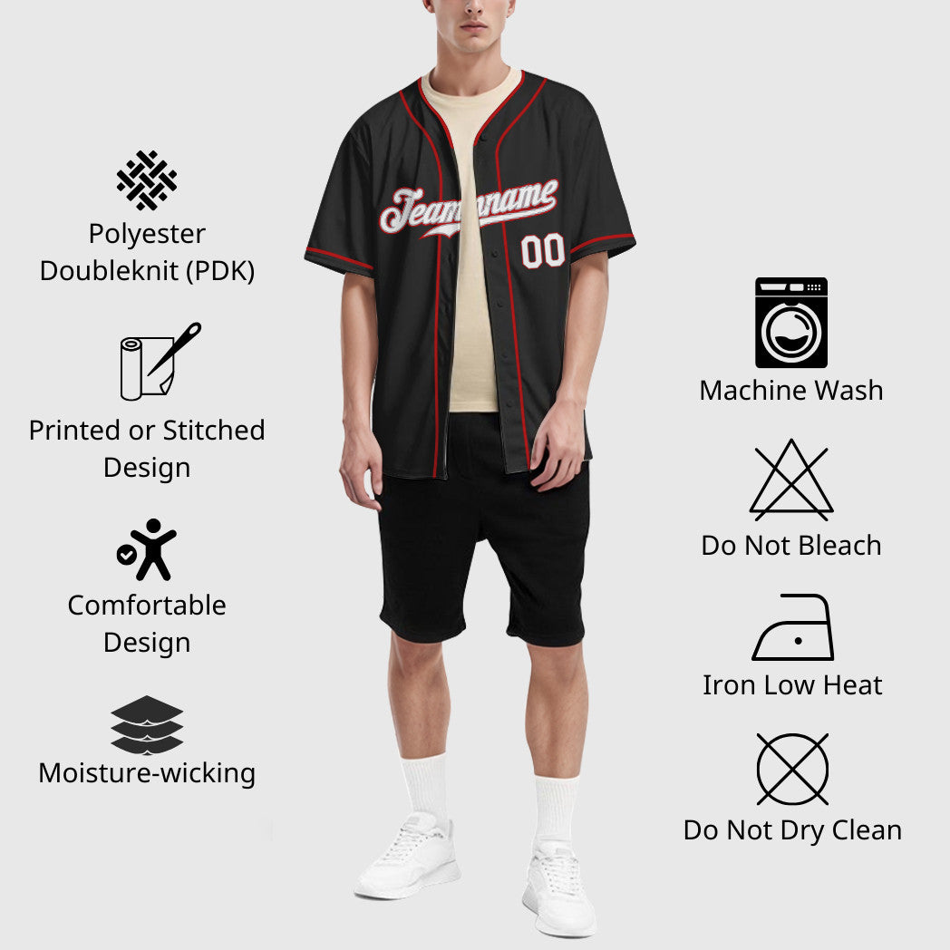 Custom Black Gray White-Red Piping Baseball Jersey