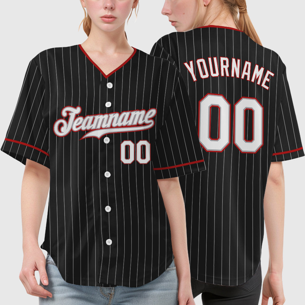 Custom Black Gray White-Red Pinstripe Baseball Jersey