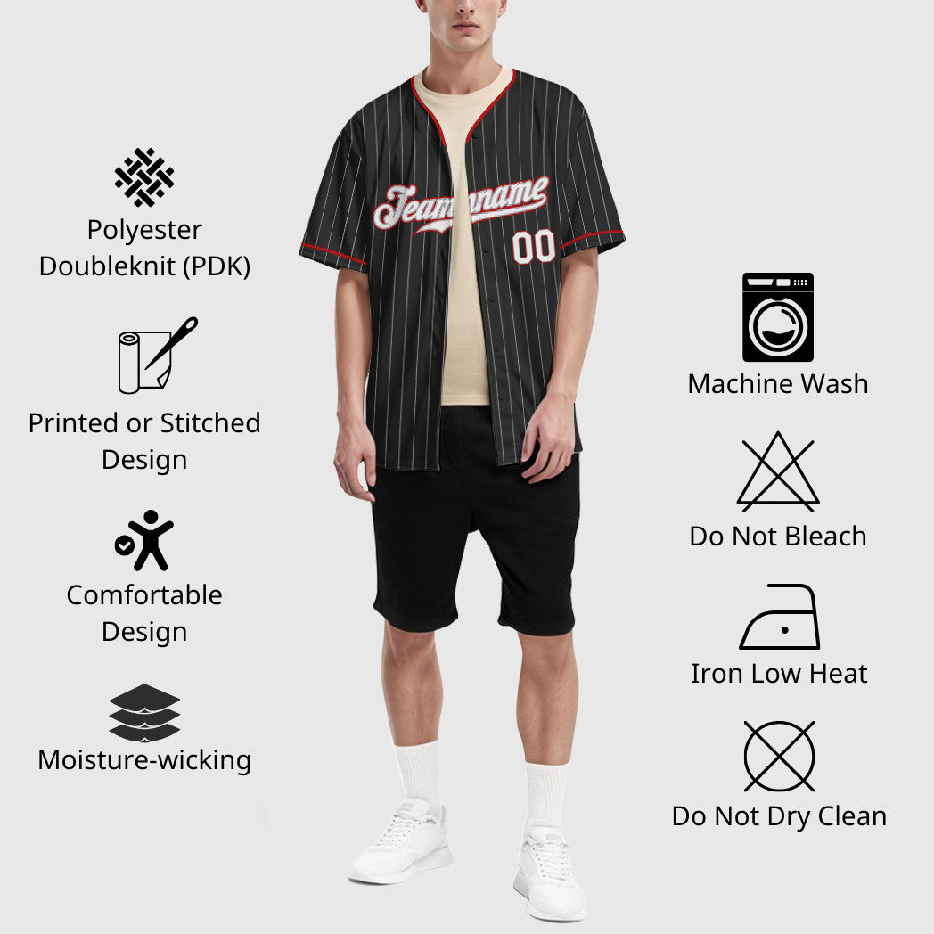 Custom Black Gray White-Red Pinstripe Baseball Jersey