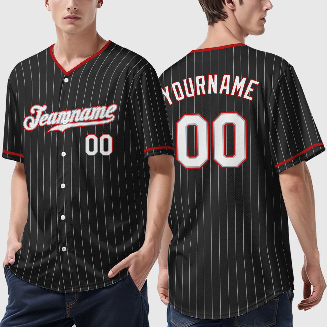 Custom Black Gray White-Red Pinstripe Baseball Jersey