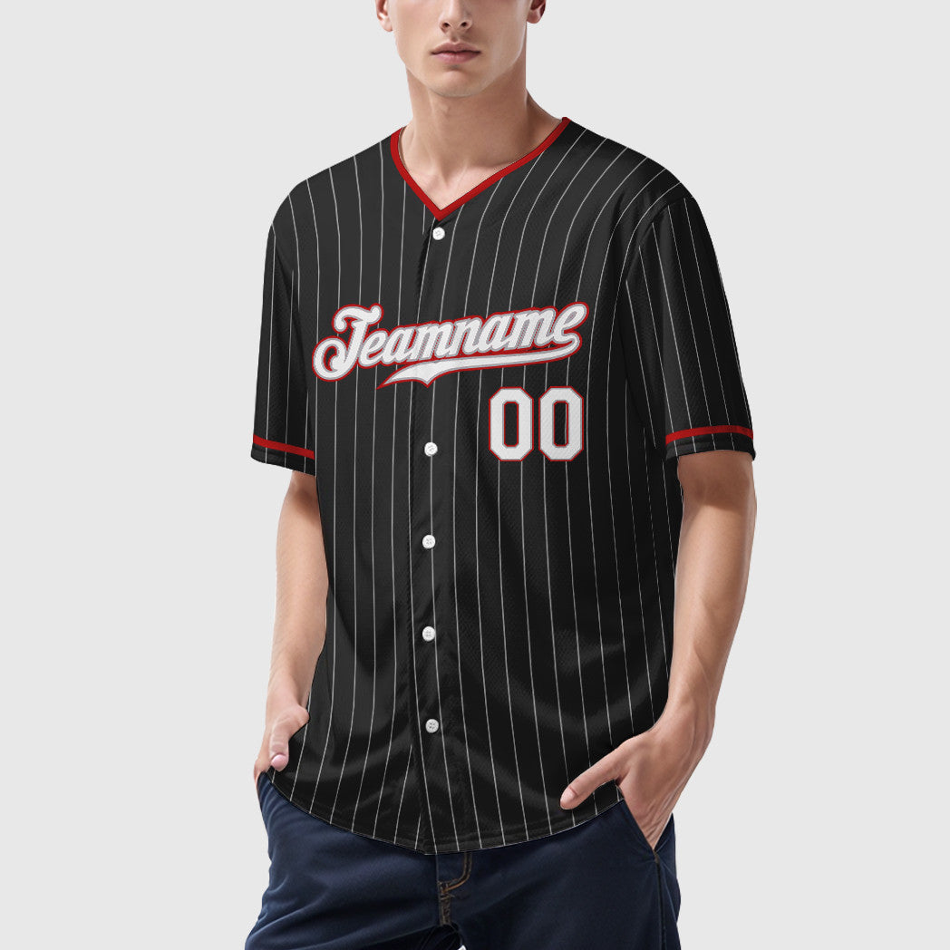 Custom Black Gray White-Red Pinstripe Baseball Jersey
