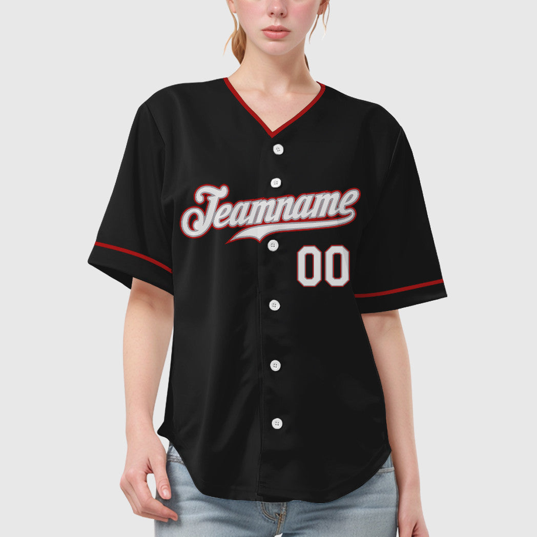 Custom Black Gray White-Red Collar Sleeve Baseball Jersey