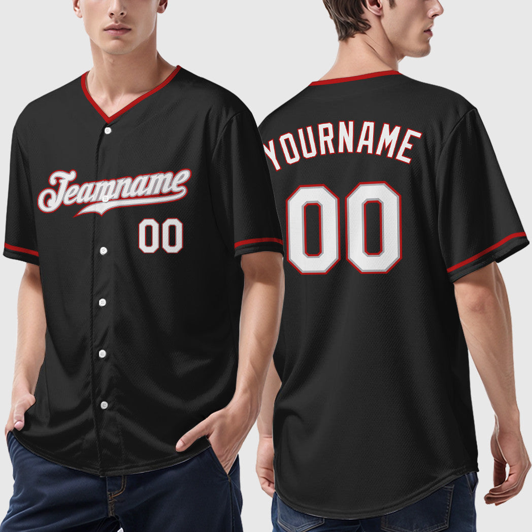 Custom Black Gray White-Red Collar Sleeve Baseball Jersey