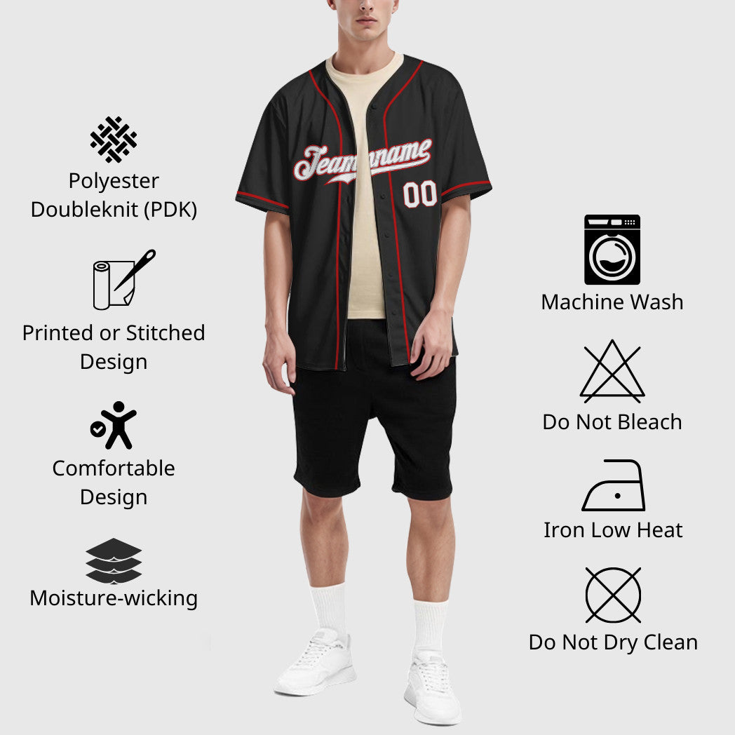 Custom Black Gray White-Red Sleeve Baseball Jersey