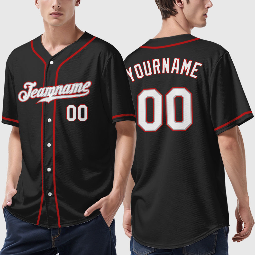 Custom Black Gray White-Red Sleeve Baseball Jersey