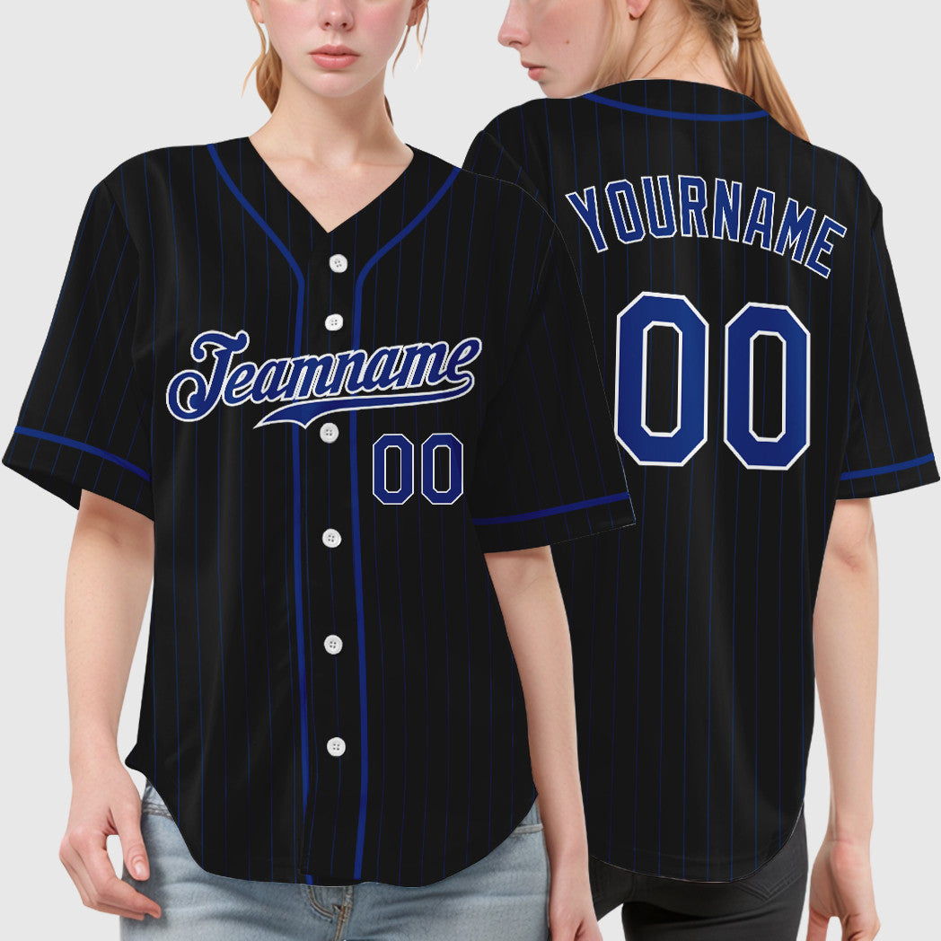 Custom Black Royal-White Piping Pinstripe Baseball Jersey