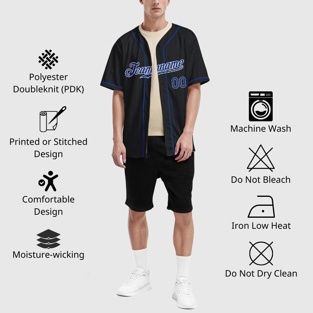 Custom Black Royal-White Piping Pinstripe Baseball Jersey