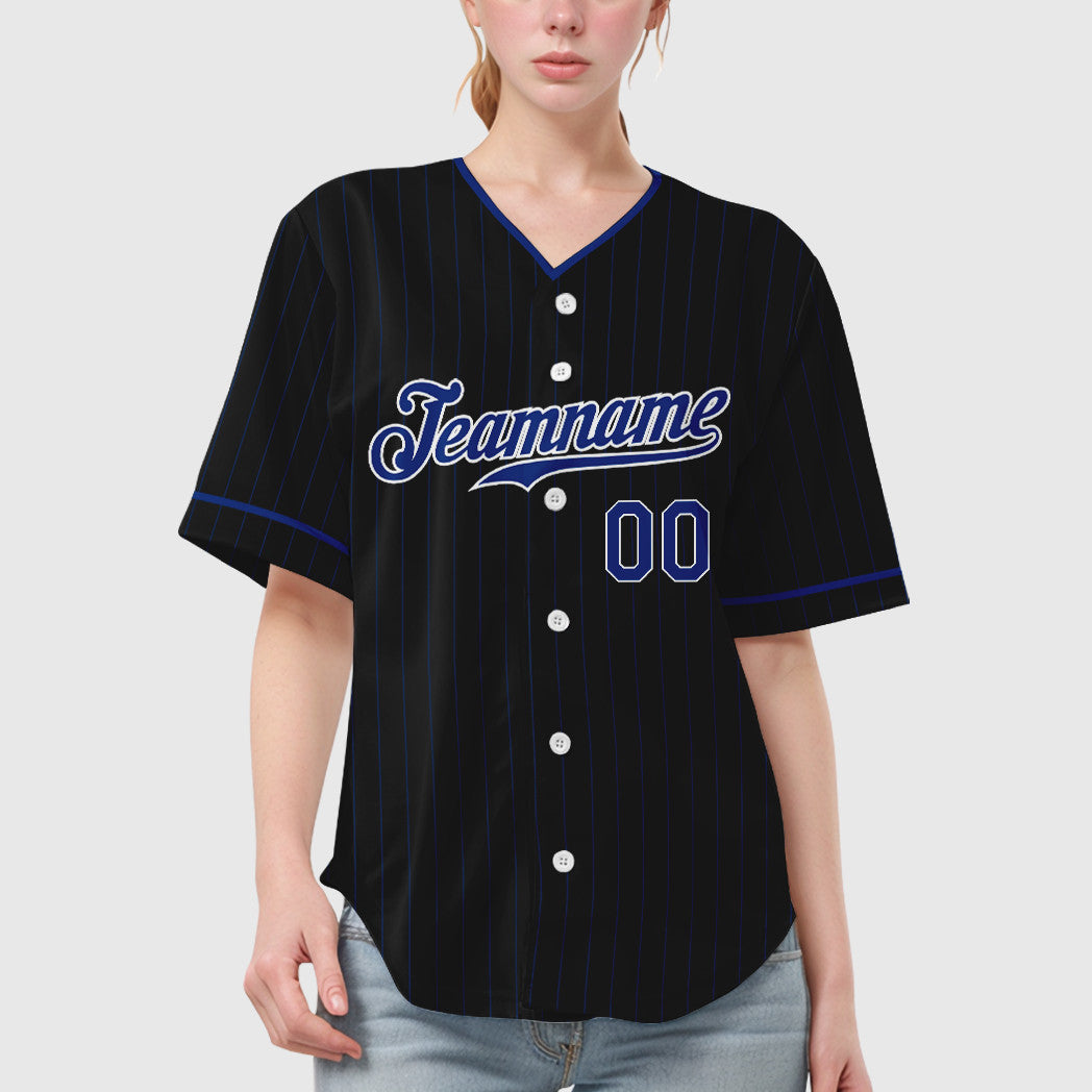 Custom Black Royal-White Pinstripe Baseball Jersey