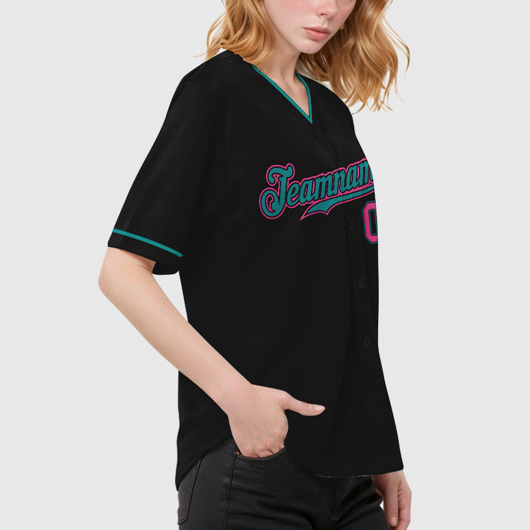 Custom Black Teal Pink Collar Sleeve Baseball Jersey