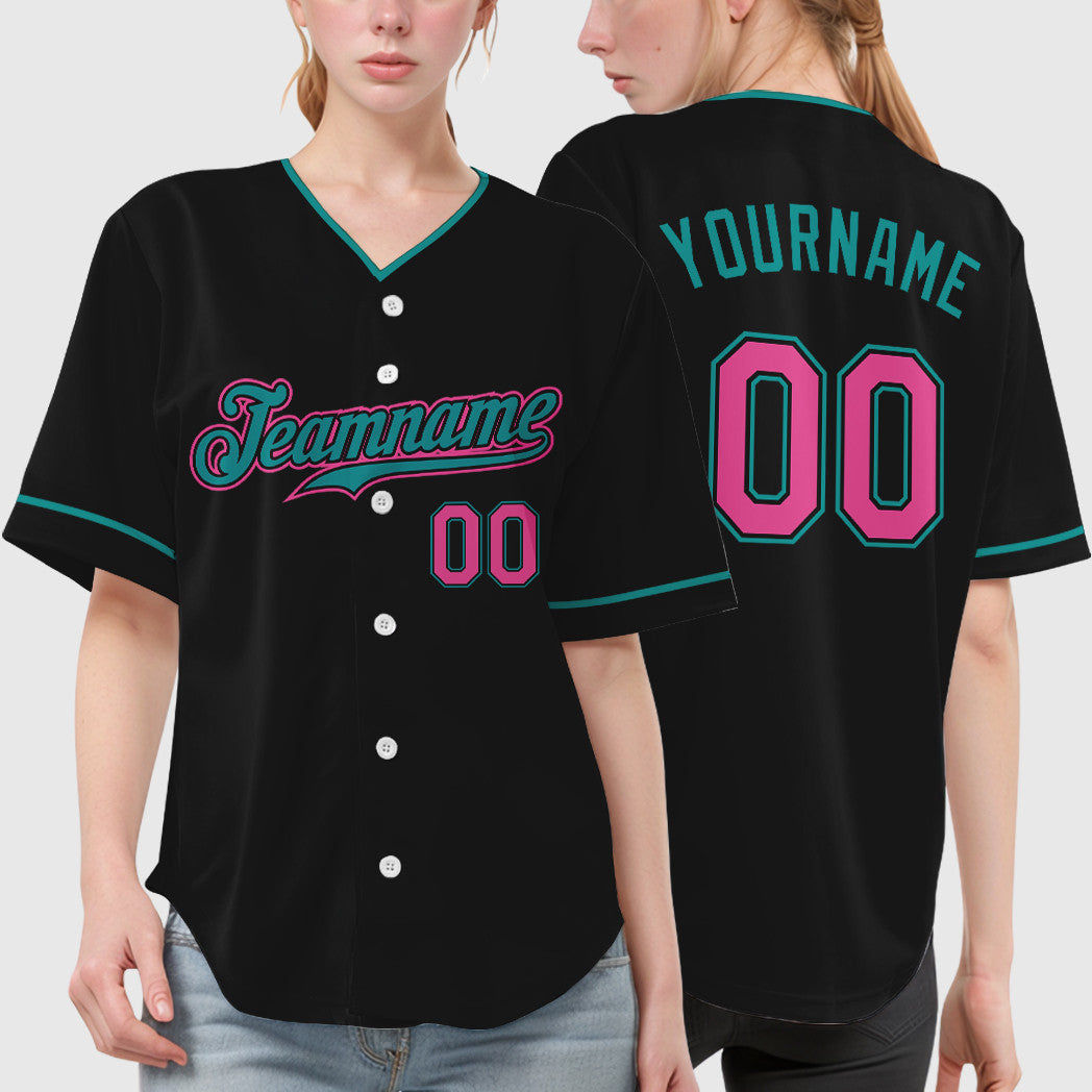 Custom Black Teal Pink Collar Sleeve Baseball Jersey