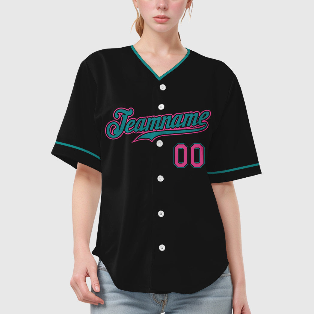 Custom Black Teal Pink Collar Sleeve Baseball Jersey