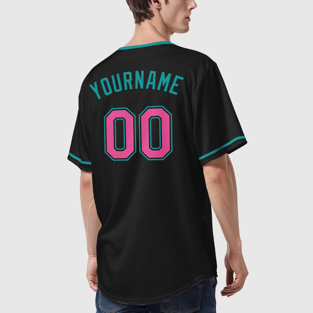 Custom Black Teal Pink Collar Sleeve Baseball Jersey