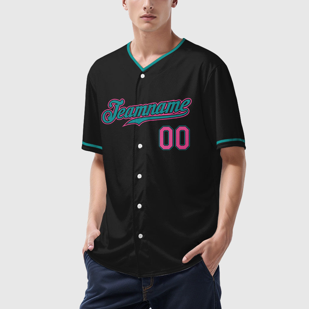 Custom Black Teal Pink Collar Sleeve Baseball Jersey