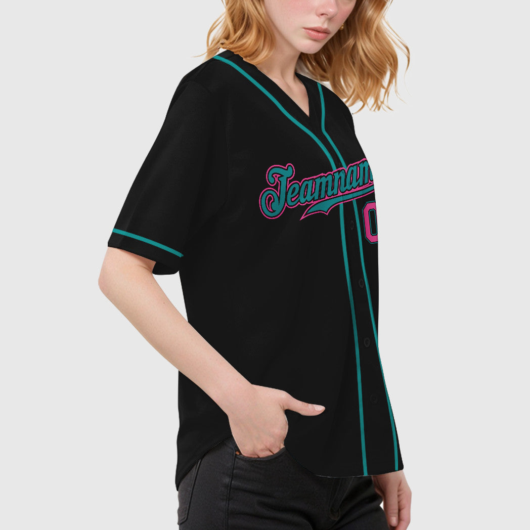 Custom Black Teal Pink Sleeve Baseball Jersey