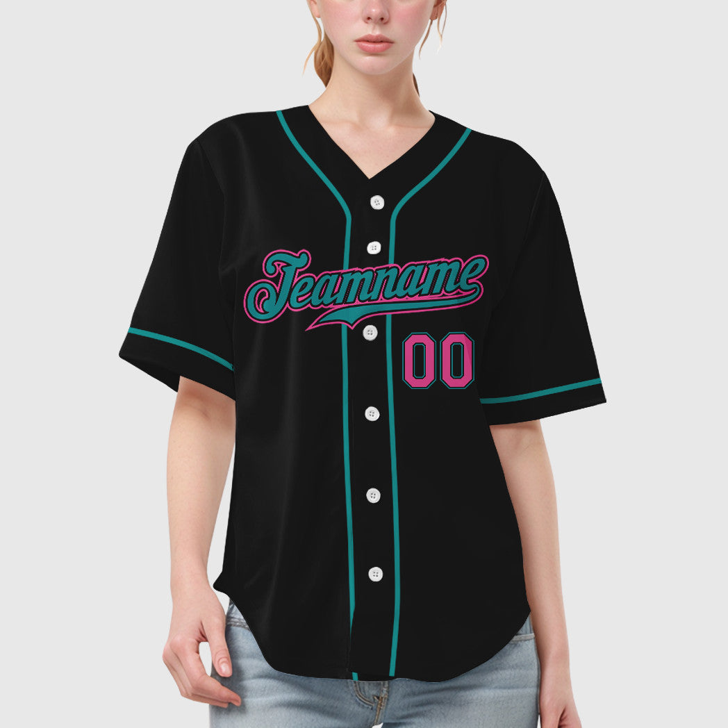 Custom Black Teal Pink Sleeve Baseball Jersey