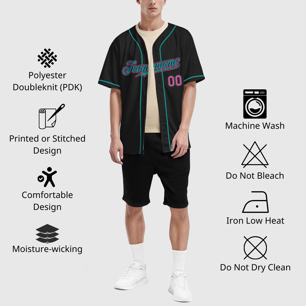 Custom Black Teal Pink Sleeve Baseball Jersey