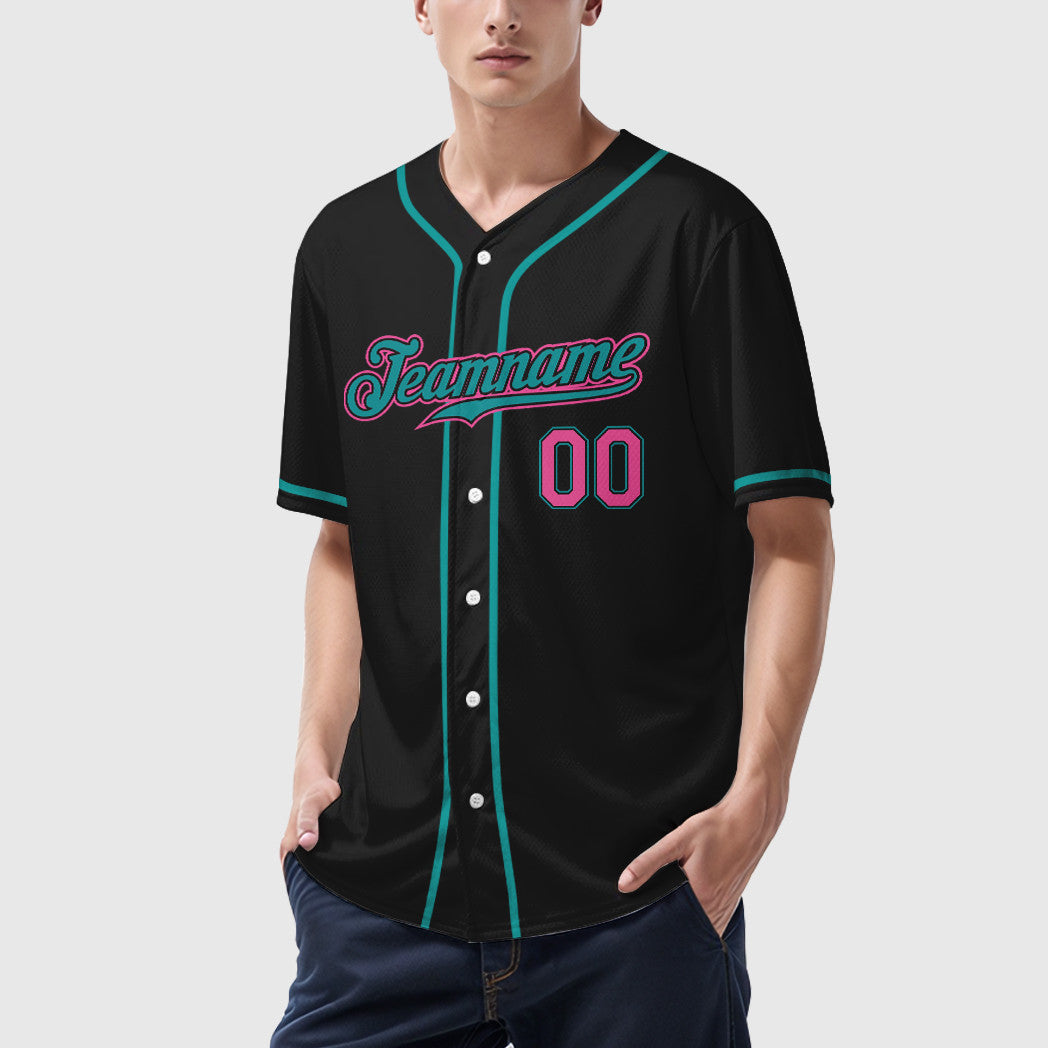 Custom Black Teal Pink Sleeve Baseball Jersey