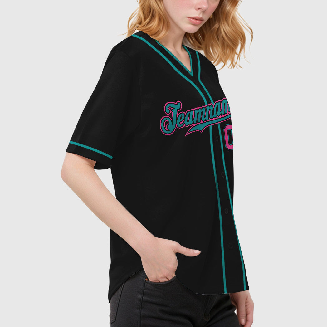 Custom Black Teal Pink Piping Baseball Jersey