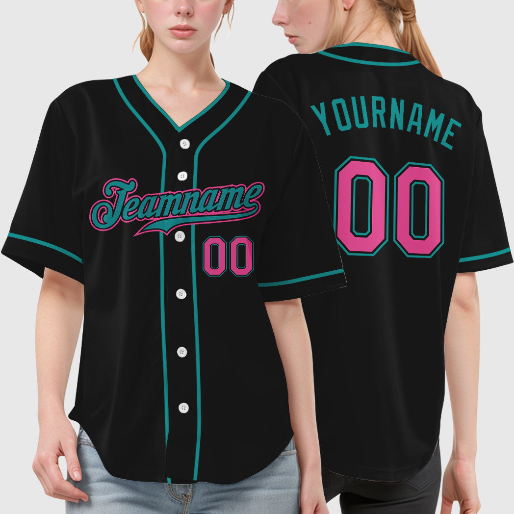 Custom Black Teal Pink Piping Baseball Jersey