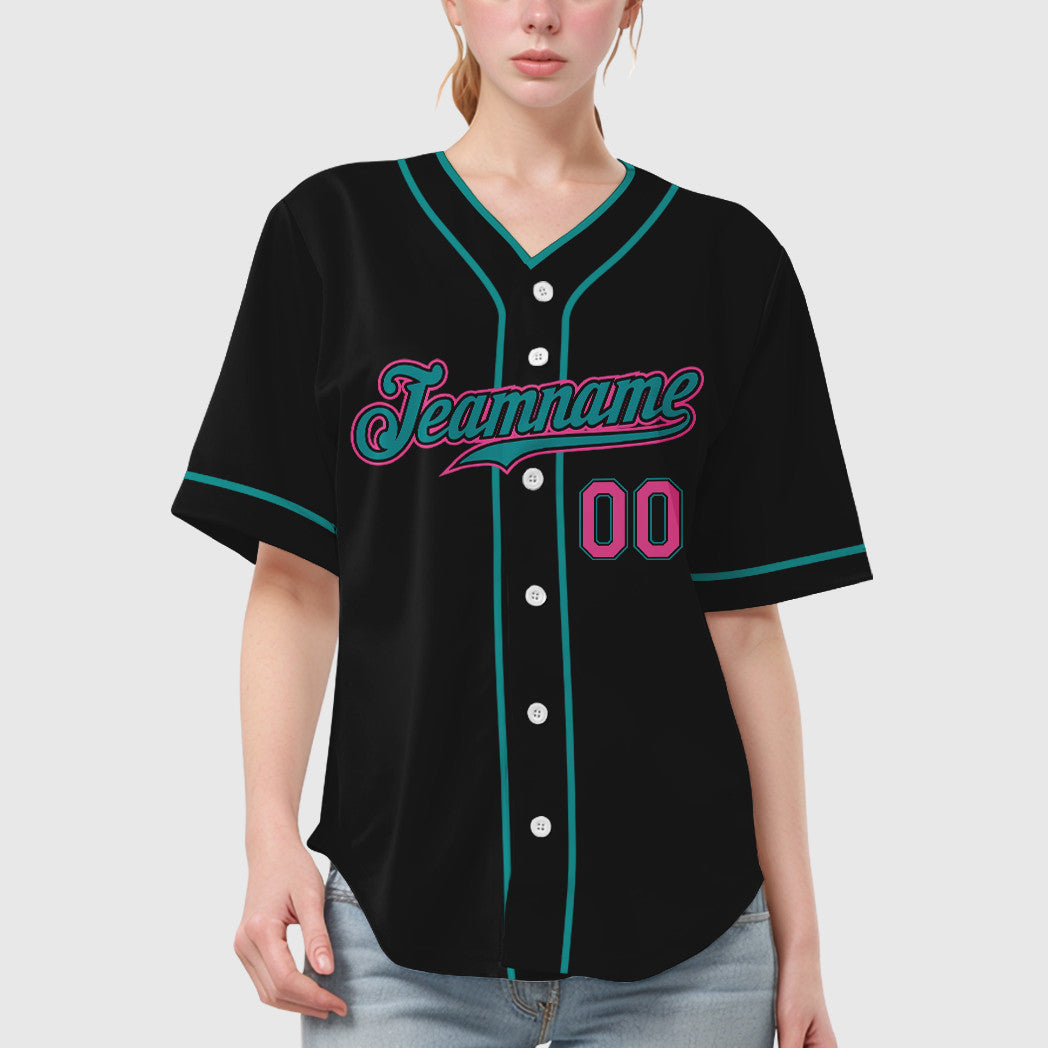 Custom Black Teal Pink Piping Baseball Jersey