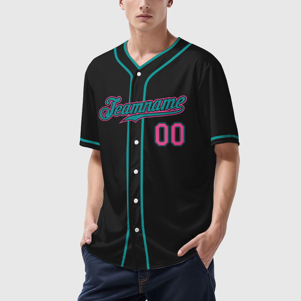 Custom Black Teal Pink Piping Baseball Jersey