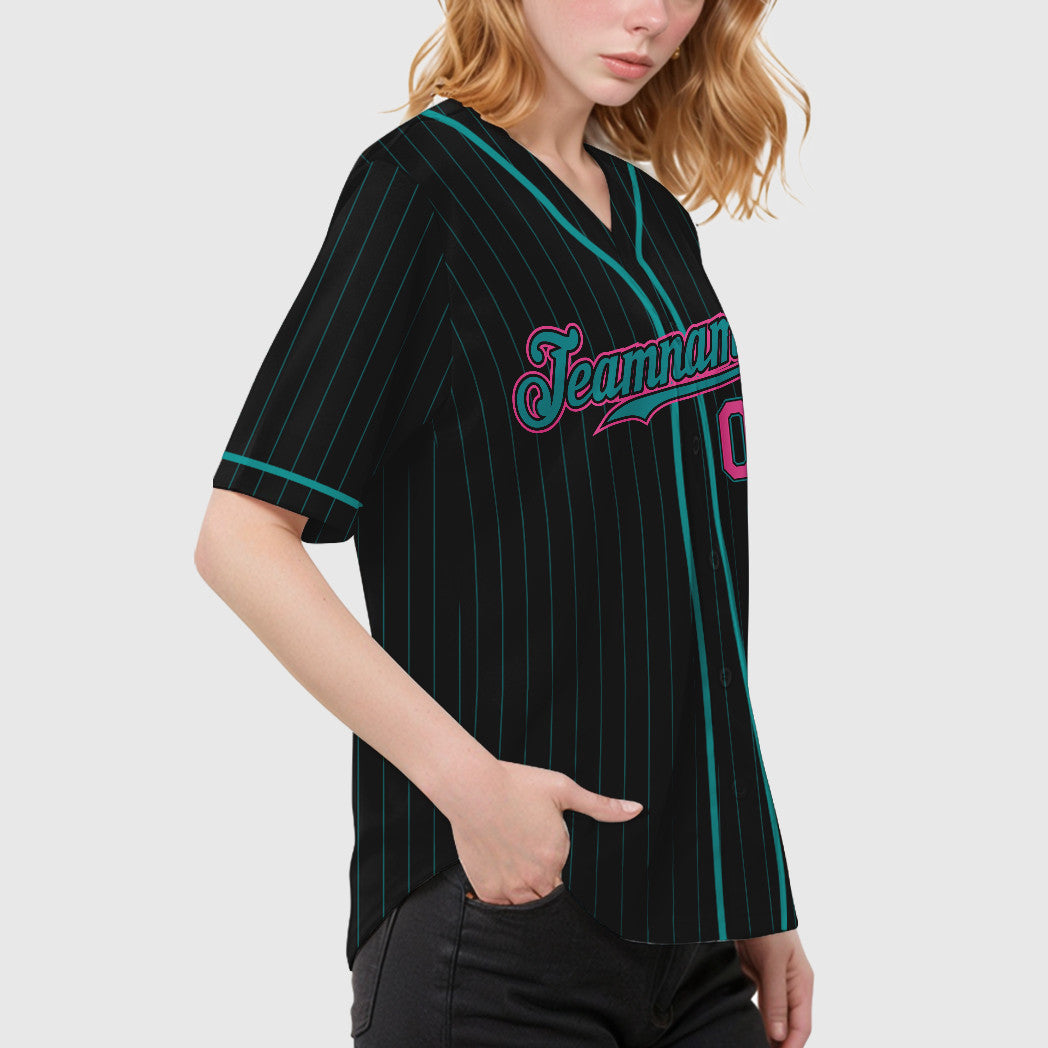 Custom Black Teal Pink Piping Pinstripe Baseball Jersey