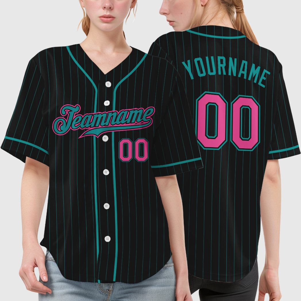 Custom Black Teal Pink Piping Pinstripe Baseball Jersey
