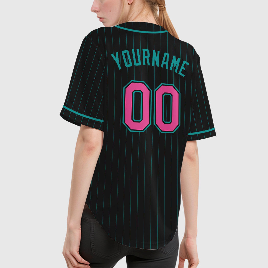 Custom Black Teal Pink Piping Pinstripe Baseball Jersey