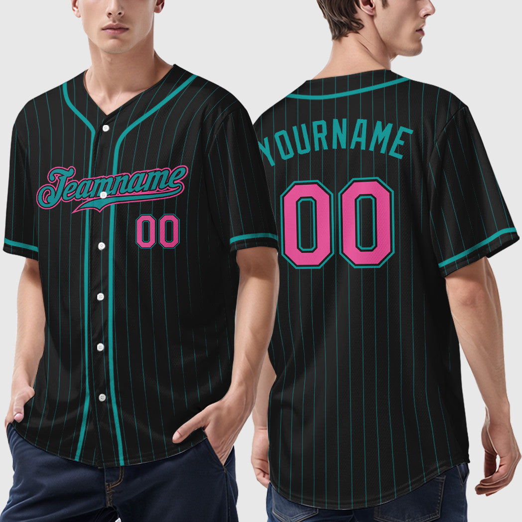 Custom Black Teal Pink Piping Pinstripe Baseball Jersey