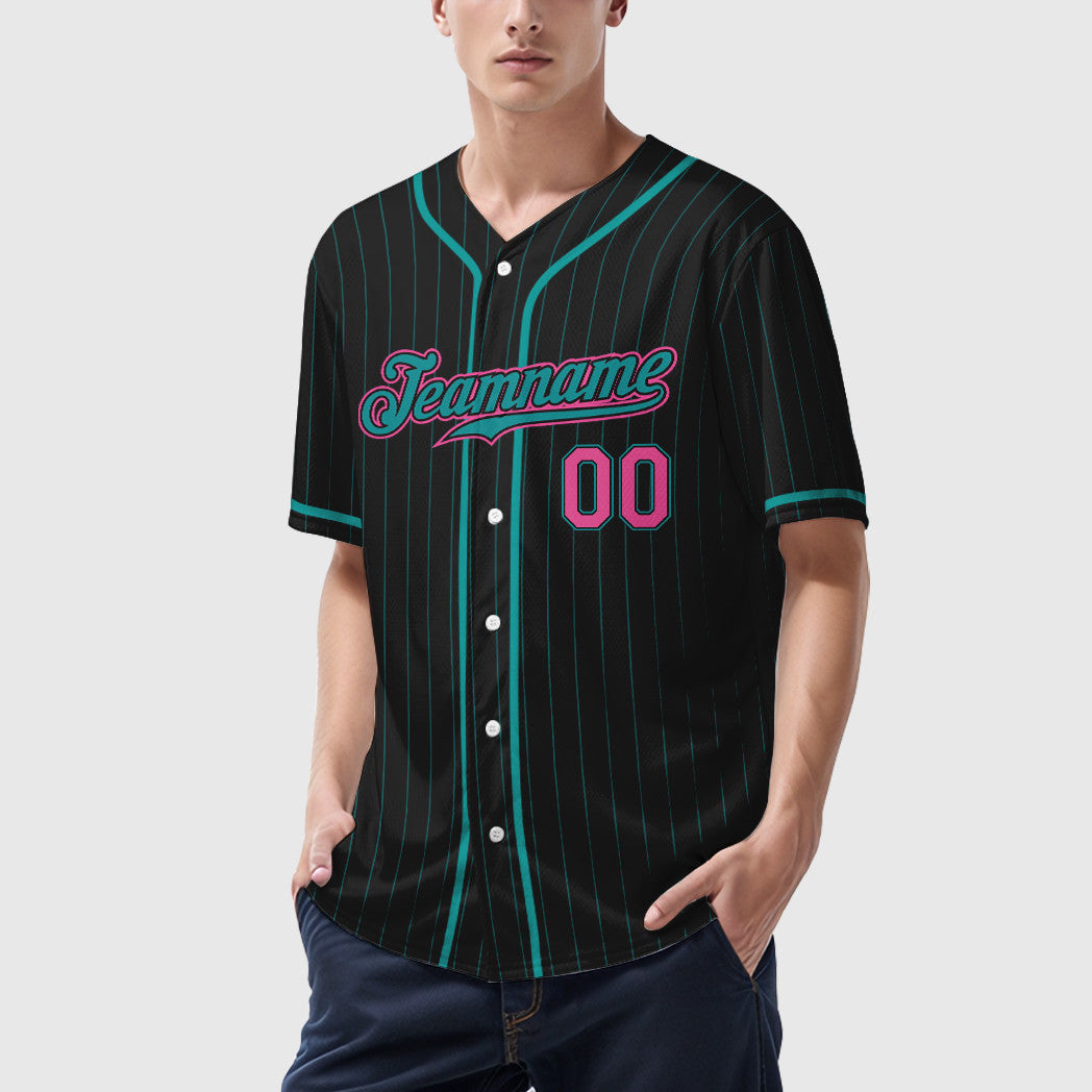 Custom Black Teal Pink Piping Pinstripe Baseball Jersey