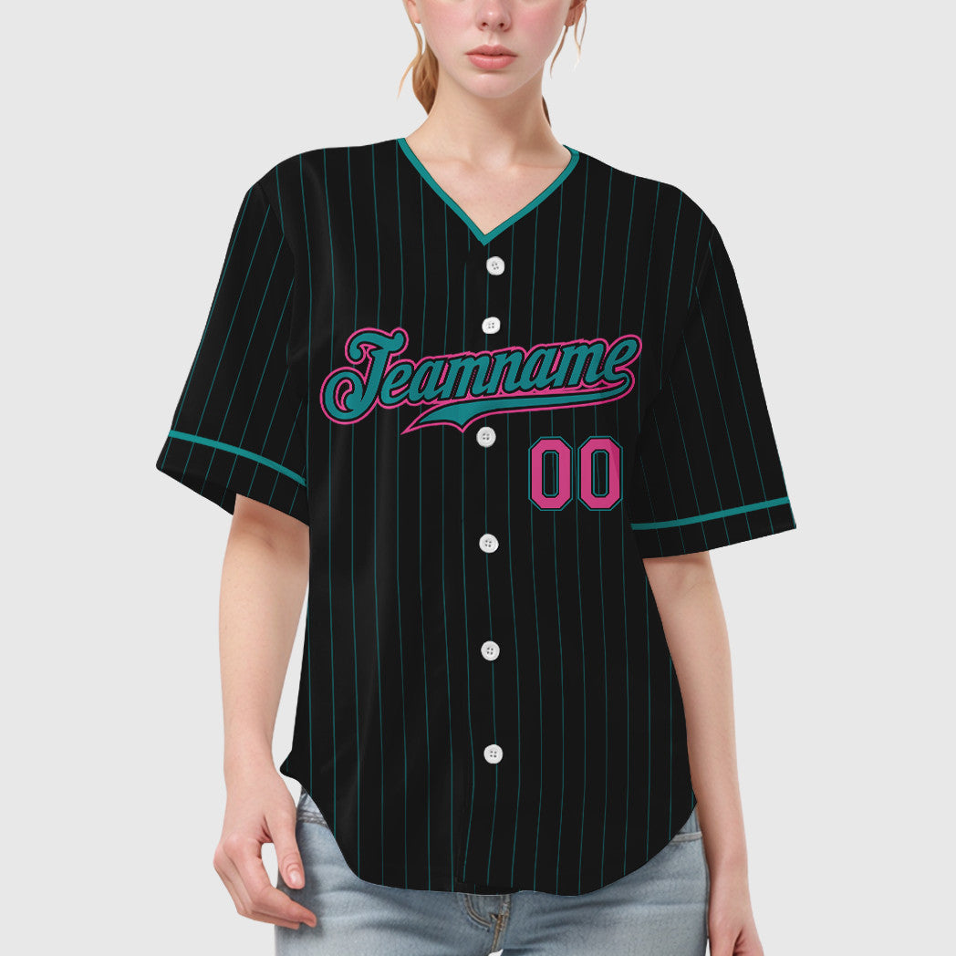 Custom Black Teal Pink Pinstripe Baseball Jersey