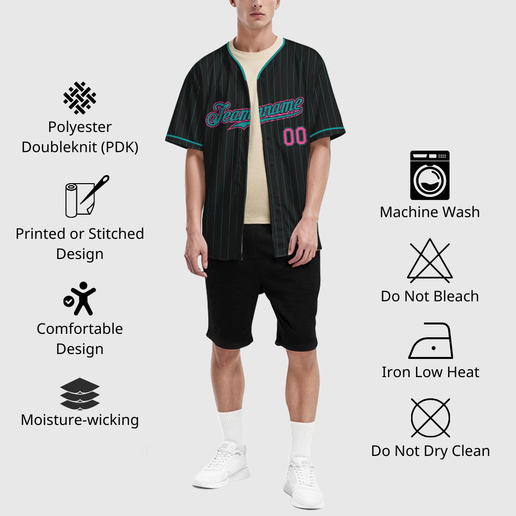 Custom Black Teal Pink Pinstripe Baseball Jersey