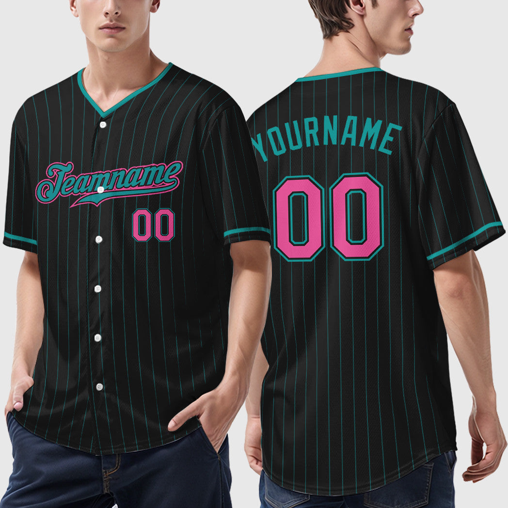 Custom Black Teal Pink Pinstripe Baseball Jersey