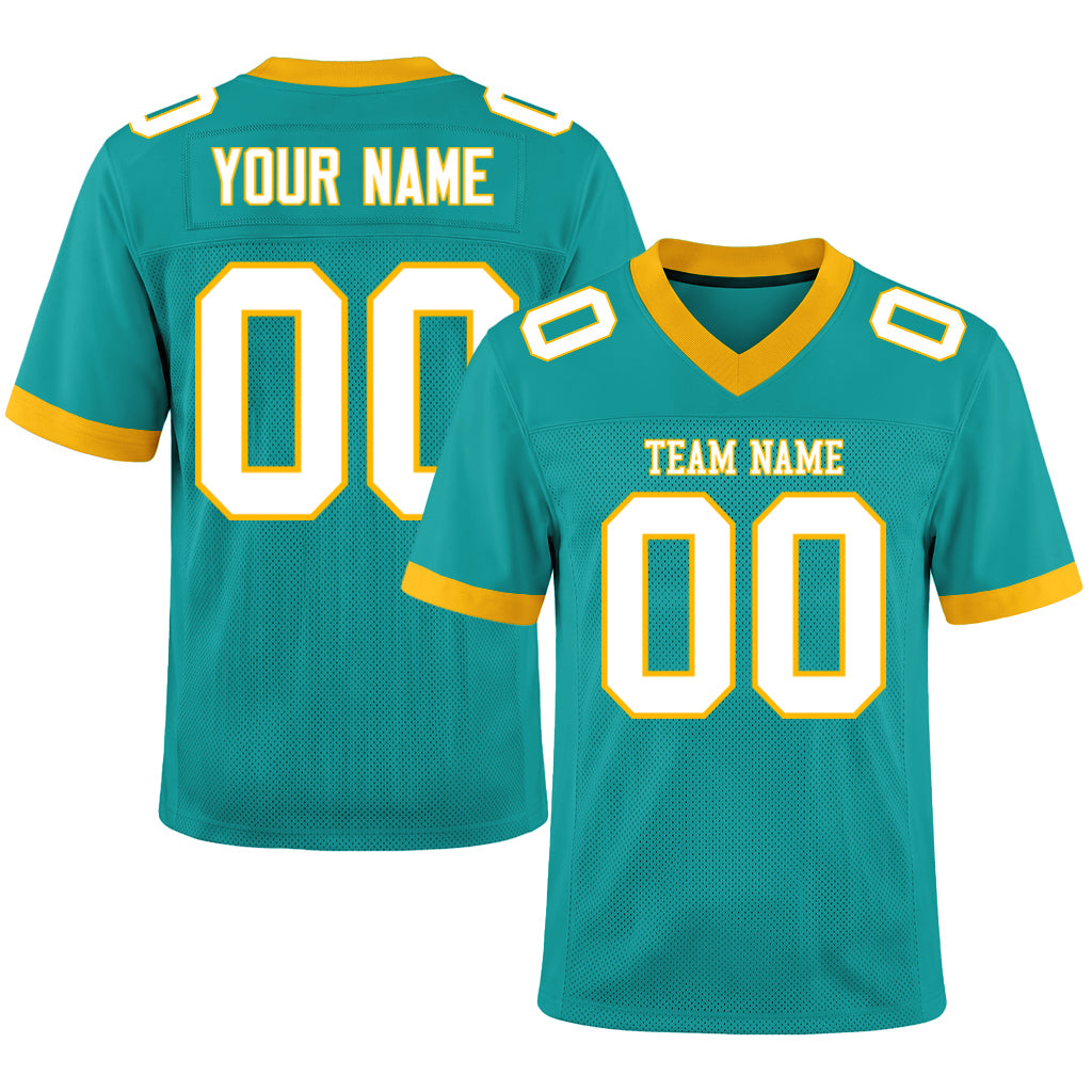 Custom Aqua White-Gold Mesh Football Jersey