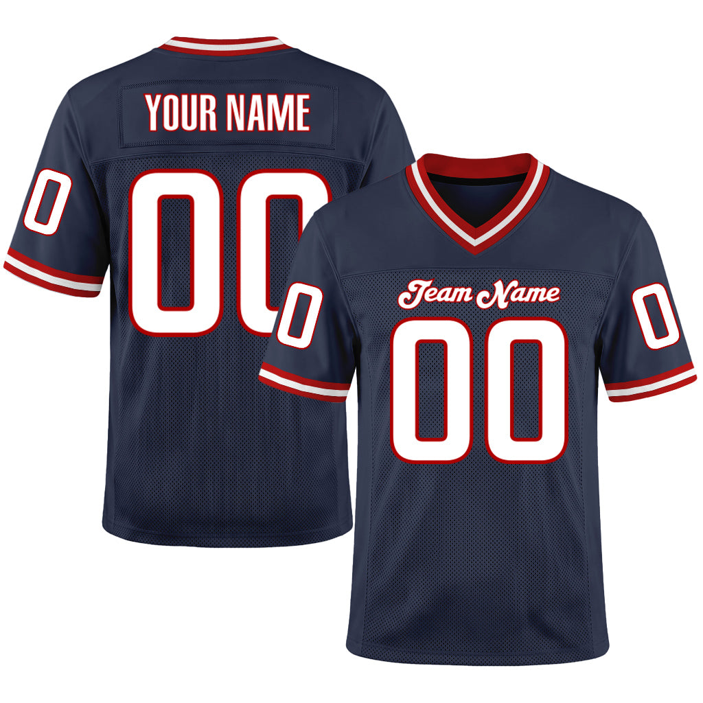 Custom Navy White-Red Mesh Football Jersey