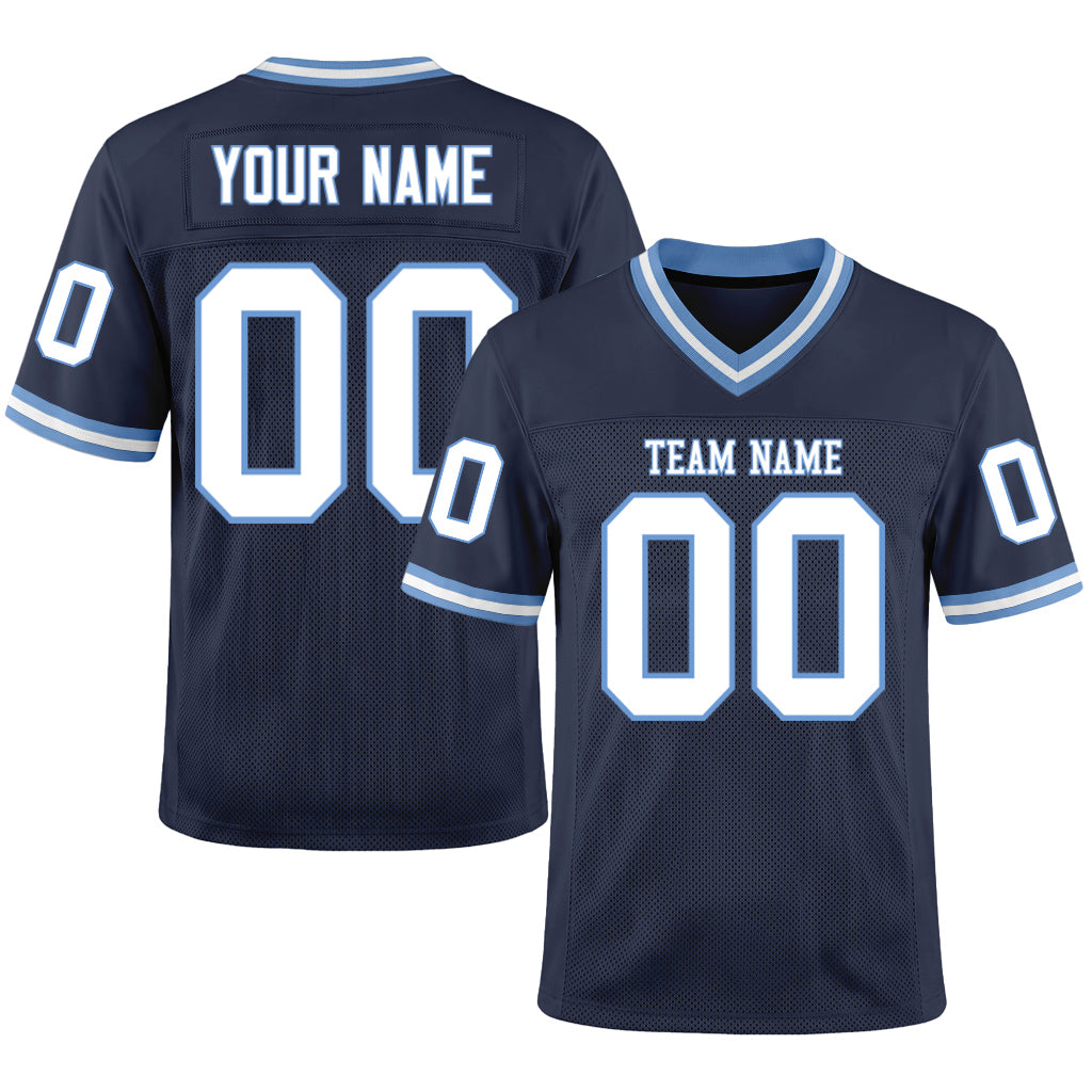 Custom Navy White-Light Blue Mesh Football Jersey