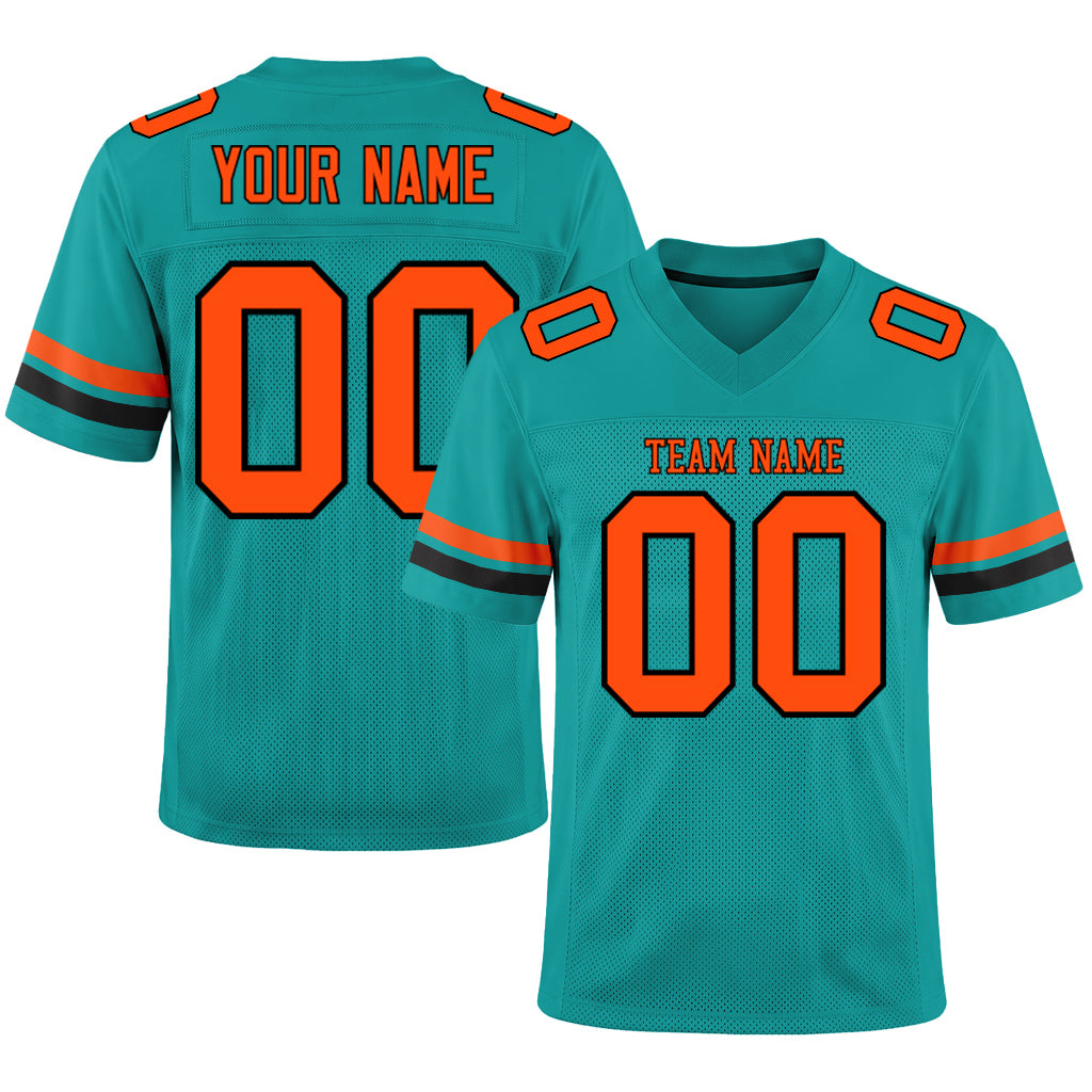 Custom Aqua Orange-Black Mesh Football Jersey