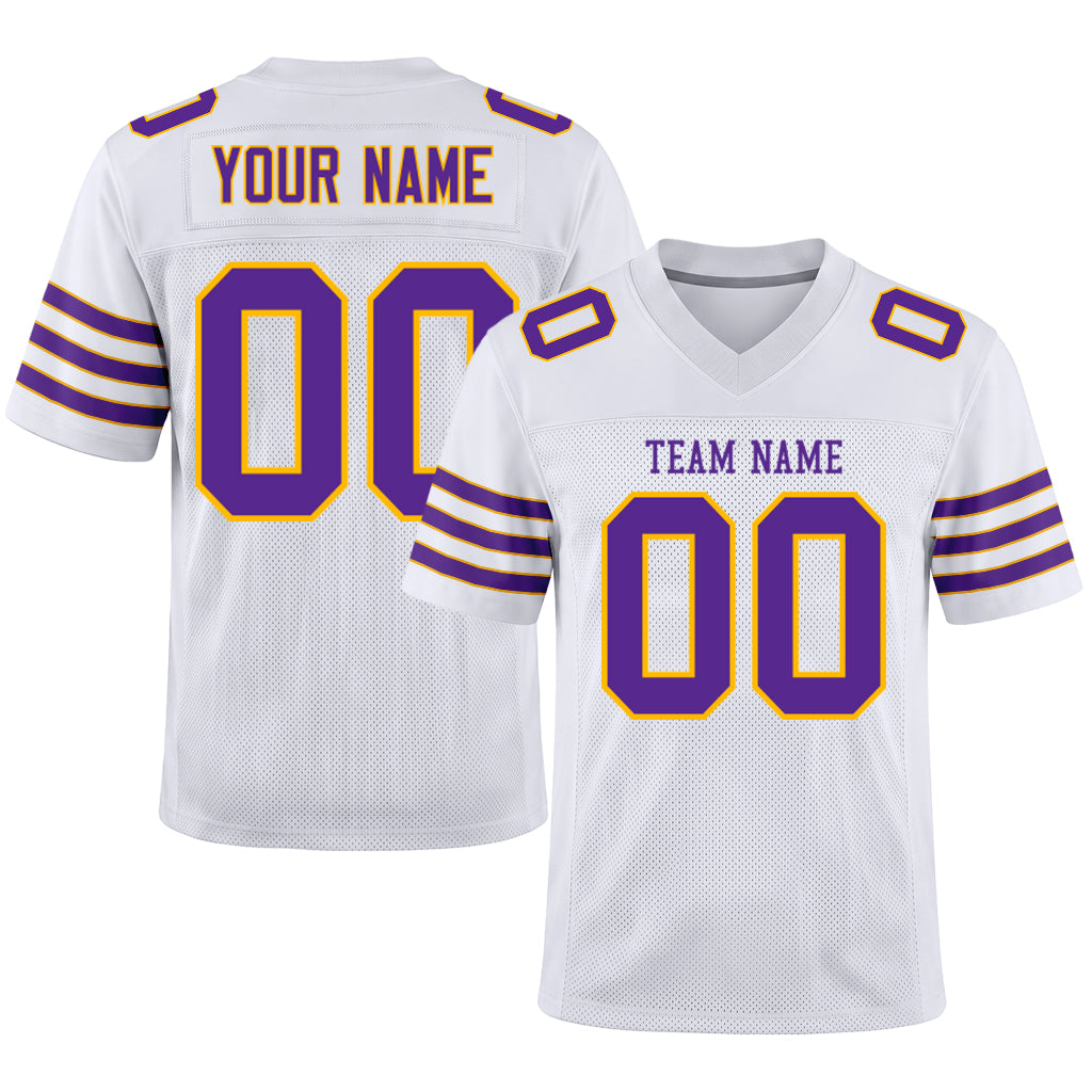 Custom White Purple-Gold Mesh Football Jersey