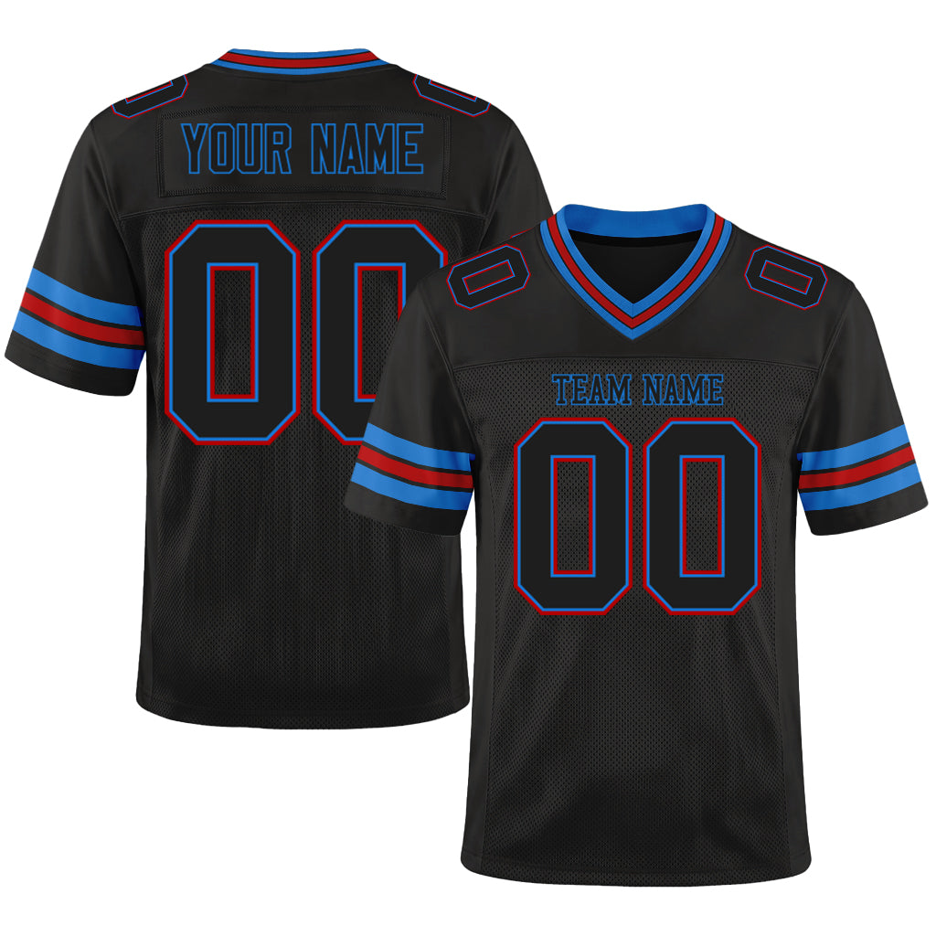 Custom Black Electric Blue-Red Mesh Football Jersey
