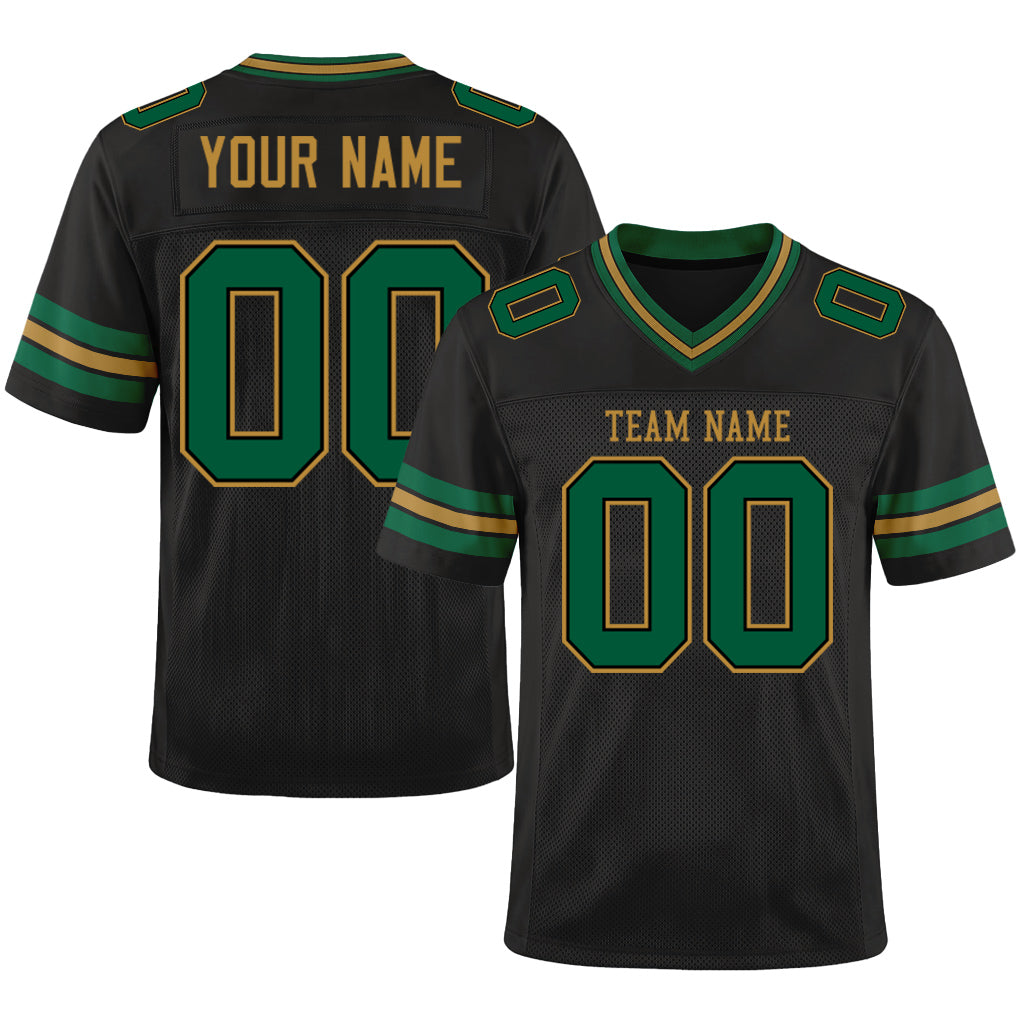 Custom Black Kelly Green-Old Gold Mesh Football Jersey