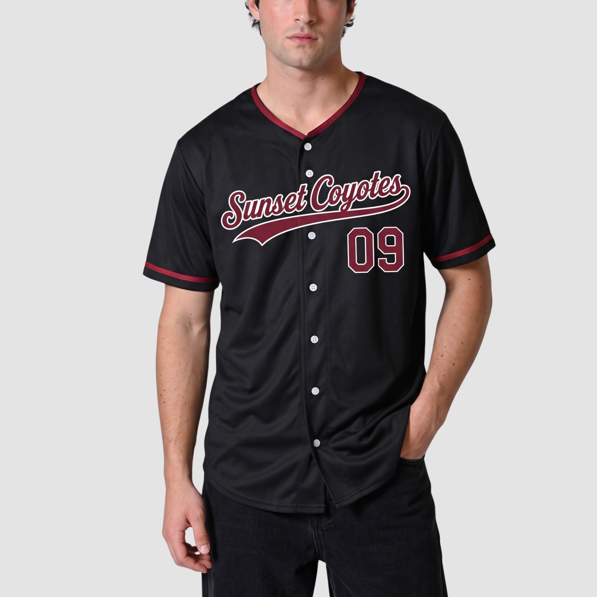 Custom Black White Crimson Collar Sleeve Feature Baseball Jersey