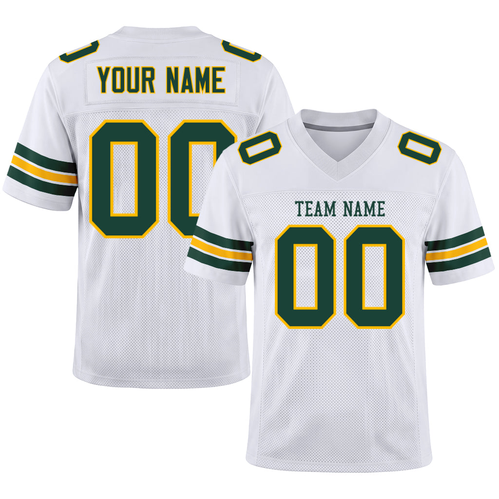Custom White Green-Gold Mesh Football Jersey