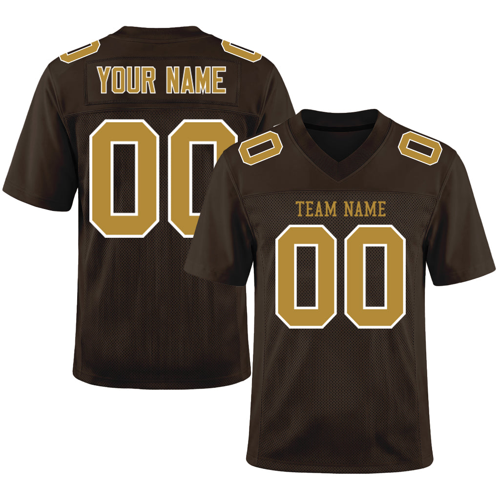 Custom Brown Old Gold-White Mesh Football Jersey