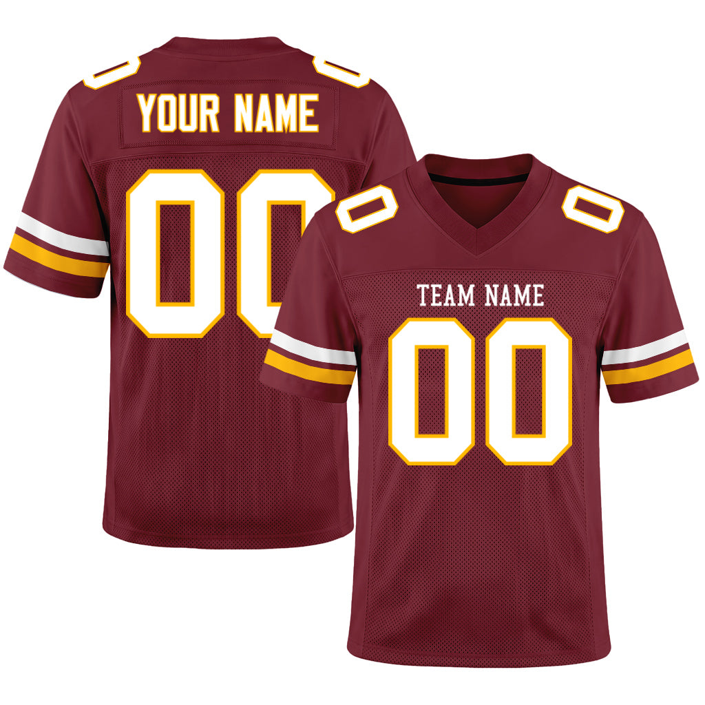 Custom Burgundy White-Gold Mesh Football Jersey