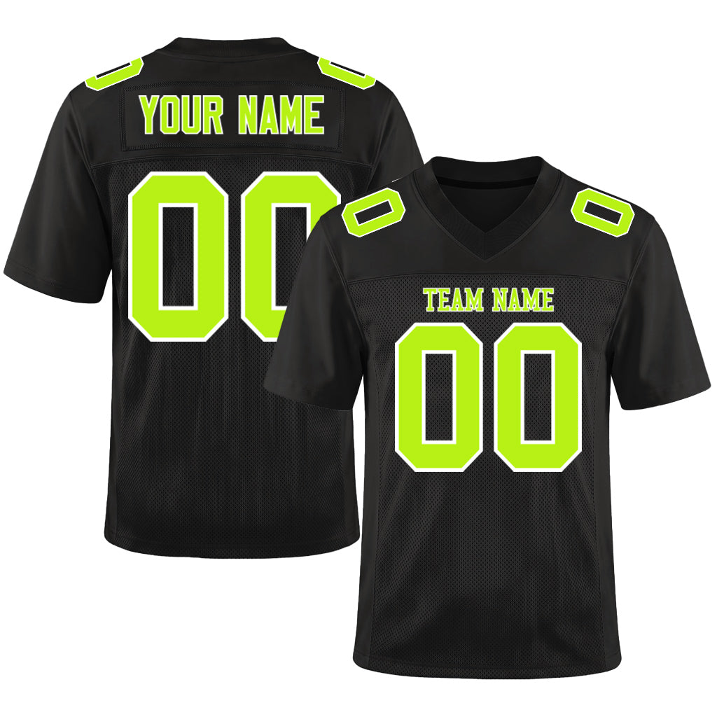 Custom Black Neon Green-White Custom Name Mesh Football Jersey