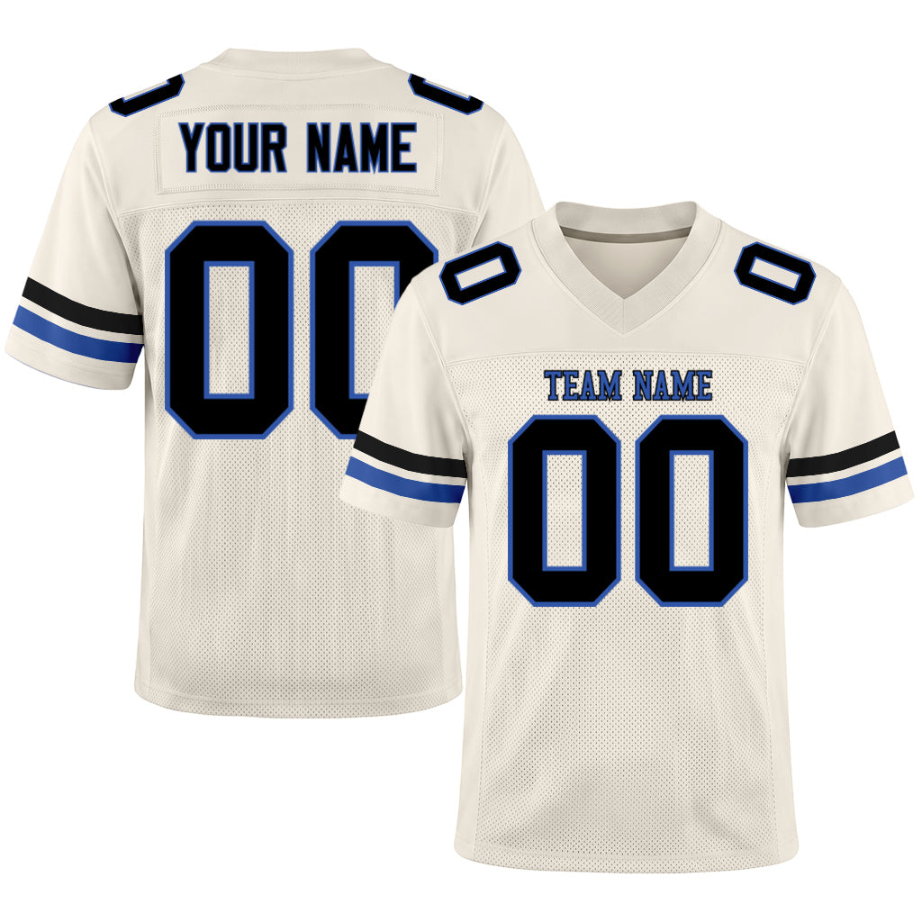 Custom Cream Blue-Black Mesh Football Jersey