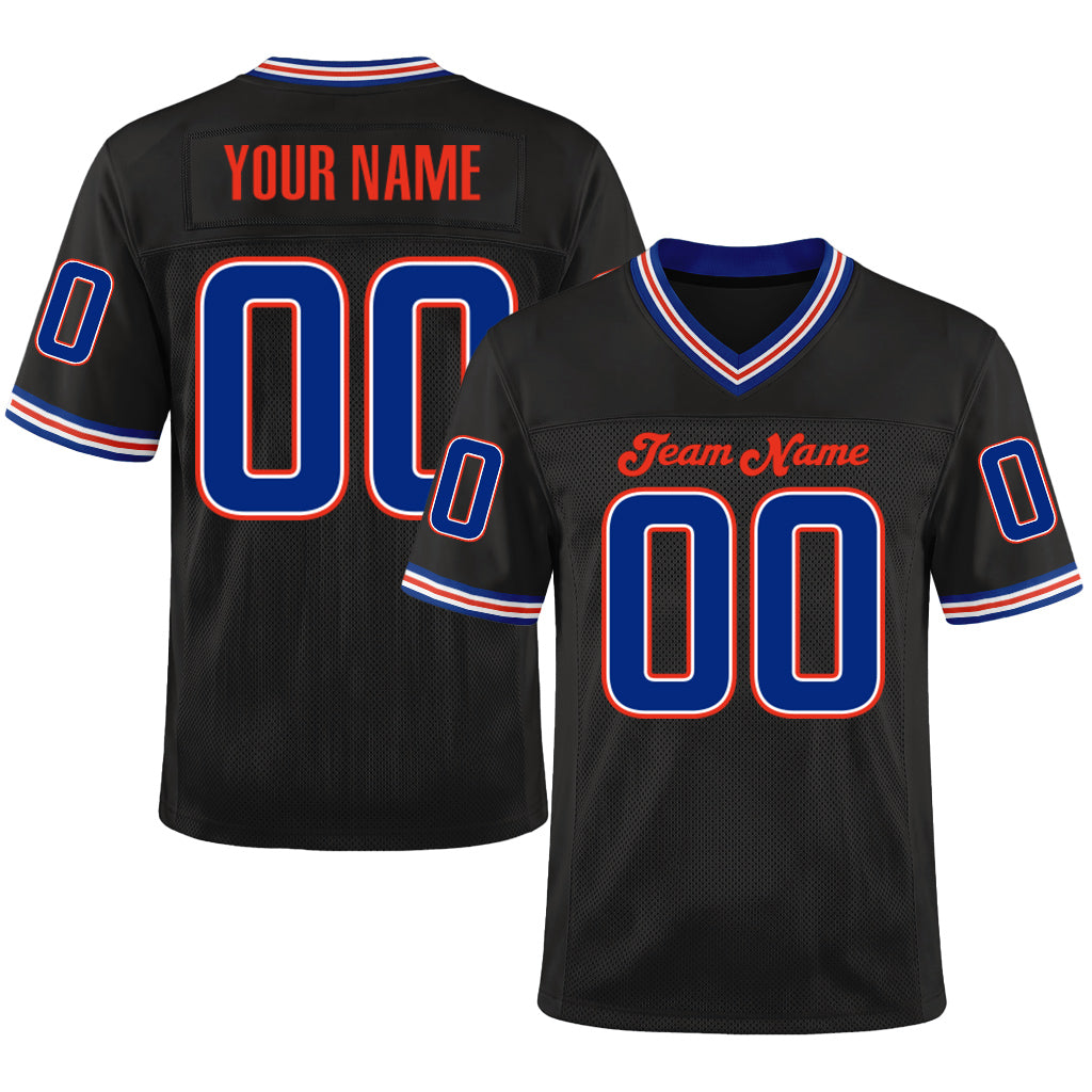 Custom Black Royal-Orange Mesh Throwback Mesh Football Jersey