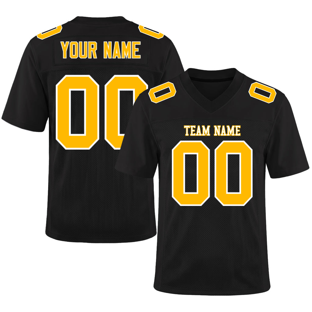 Custom Black Gold-White Mesh Football Jersey
