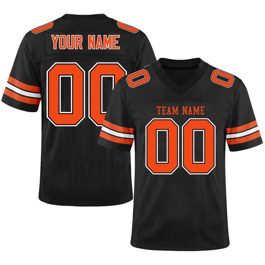 Custom Black Orange-White Custom Name Mesh Football Jersey
