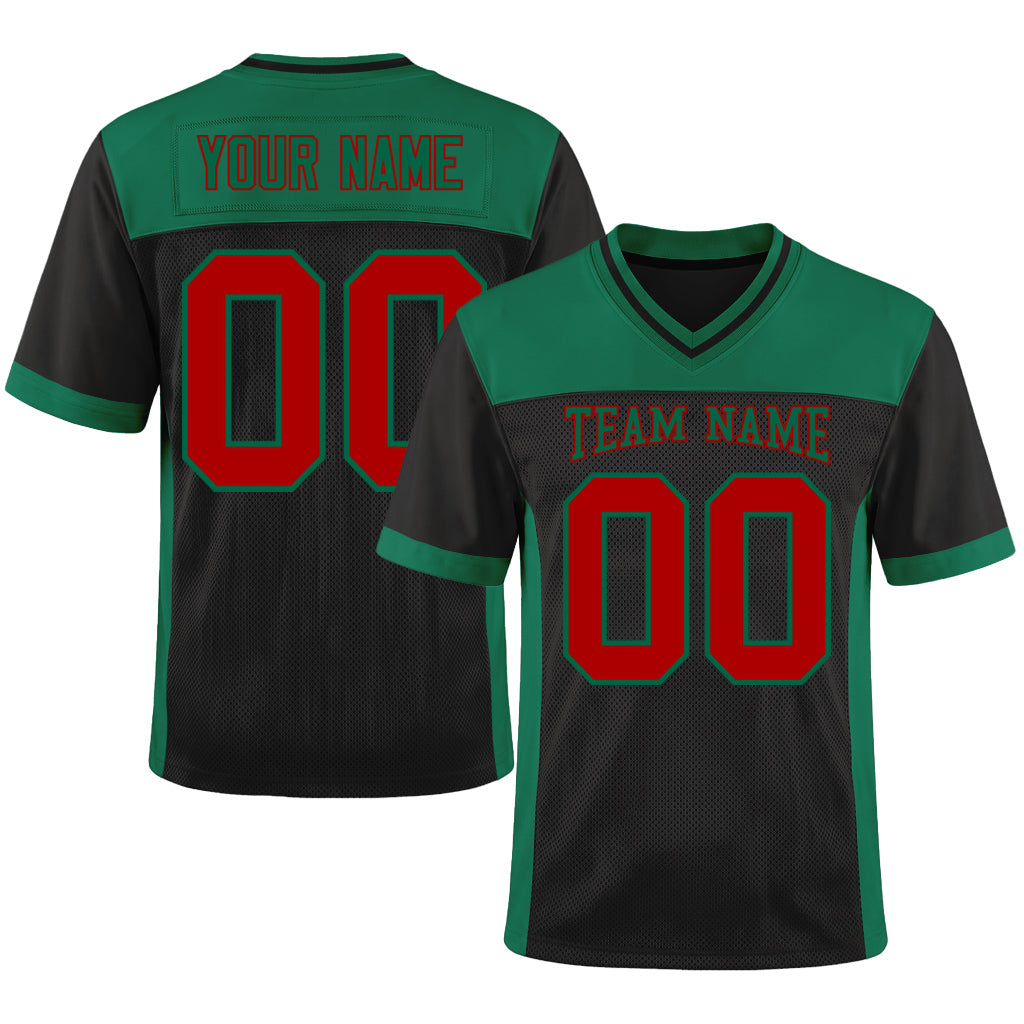 Custom Black Red-Kelly Green Mesh Football Jersey